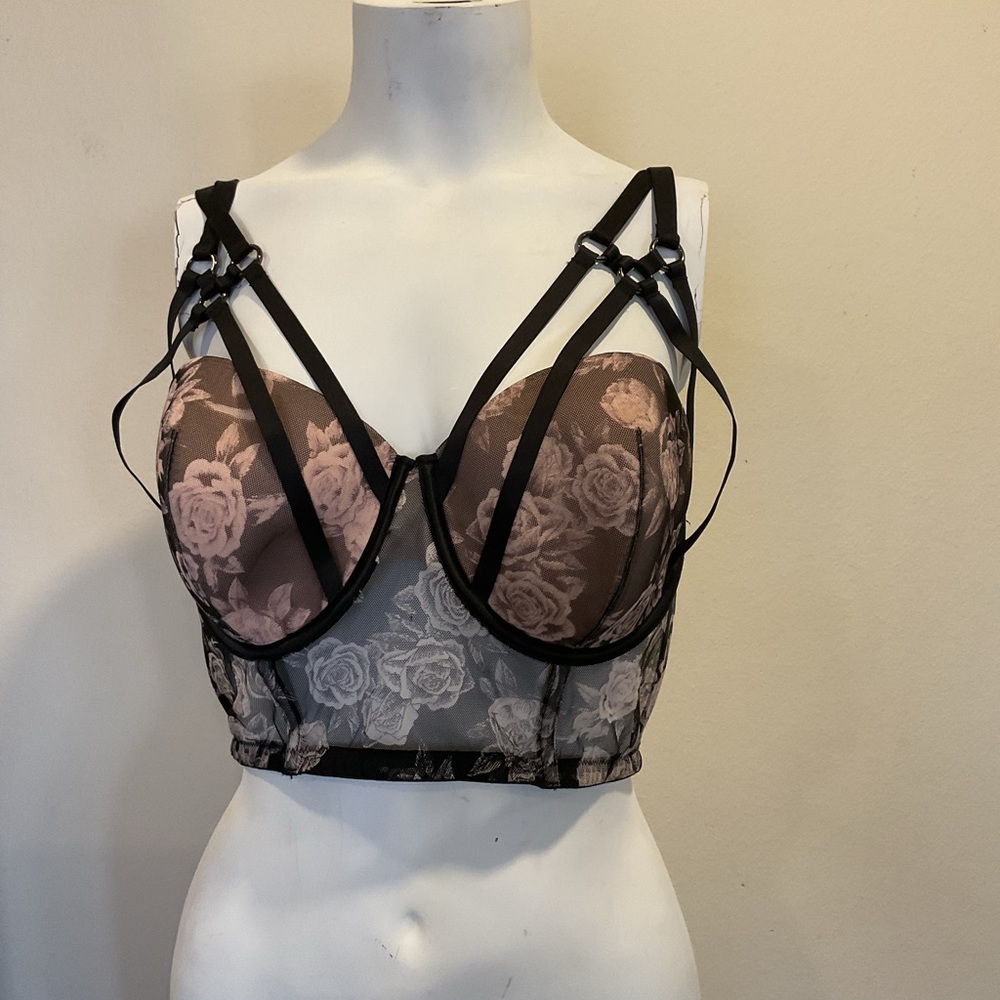 Victoria's Secret Black and Pink Lace Longline Bra